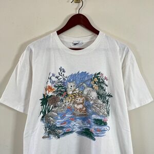 Vintage 90s Basic Editions Kittens Fishing Graphic T-Shirt White Single Stitch
